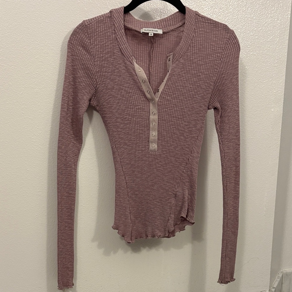 Olivaceous Ribbed Button Down Top - Dusty Pink